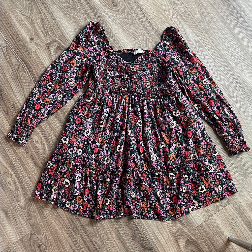 Floral Puff-Sleeve Mini Dress - Black Multi